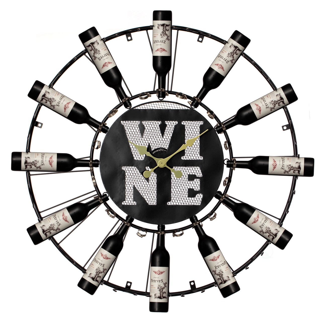 Vintiquewise Large Clock Wall-Mount Metal Wine Shelf – 24-Bottle Rack with Mesh Cork Basket and LED Light – Elegant Wine Display for Living Room, Kitchen, Dining Room, Home Bar, or Wine Cellar